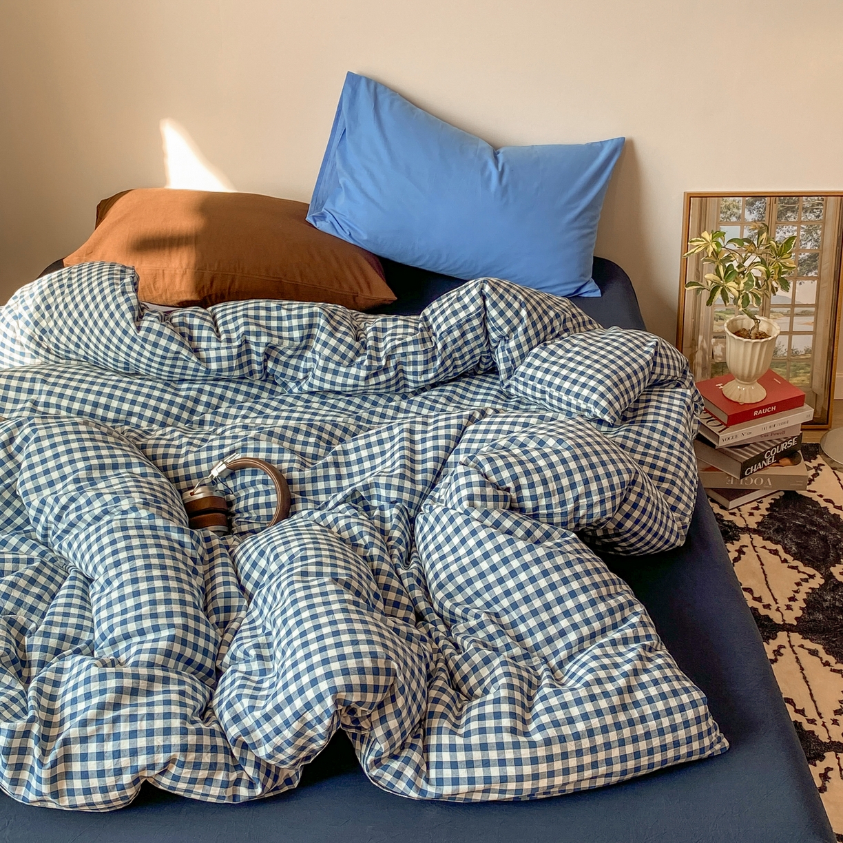 91家纺网 家纺一手货源 找家纺 对白 2026新款全棉纯棉色织水洗棉四件套-极简格子冰川孤岛系列 海上孤岛