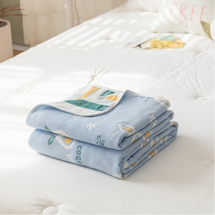 91家纺网 家纺一手货源 找家纺 朴尔家纺-毛巾被 2026新款卡通系全棉六层纱毛巾被 水果乐园-蓝