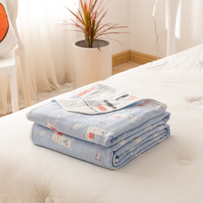 朴尔家纺-毛巾被 2026新款卡通系全棉六层纱毛巾被 欢乐羊驼-兰