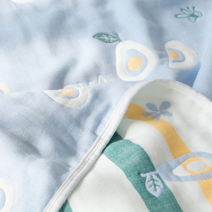 91家纺网 家纺一手货源 找家纺 朴尔家纺-毛巾被 2026新款卡通系全棉六层纱毛巾被 水果乐园-蓝