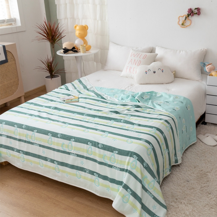 91家纺网 家纺一手货源 找家纺 朴尔家纺-毛巾被 2026新款卡通系全棉六层纱毛巾被 水果乐园-绿