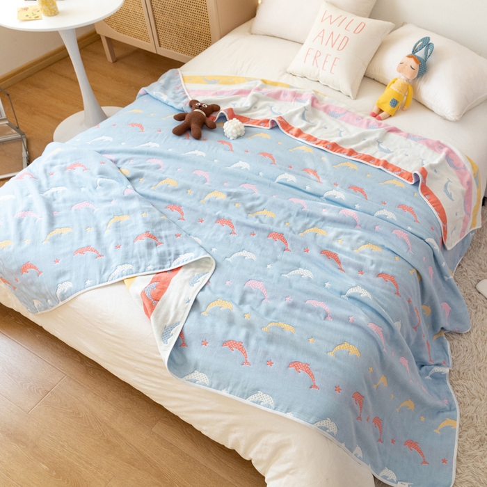 91家纺网 家纺一手货源 找家纺 朴尔家纺-毛巾被 2026新款卡通系全棉六层纱毛巾被 鲸鱼乐园-蓝