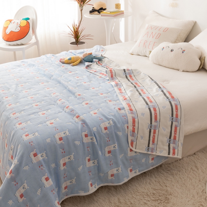 91家纺网 家纺一手货源 找家纺 朴尔家纺-毛巾被 2026新款卡通系全棉六层纱毛巾被 欢乐羊驼-兰