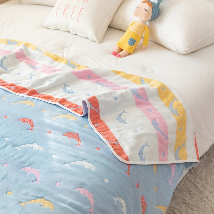91家纺网 家纺一手货源 找家纺 朴尔家纺-毛巾被 2026新款卡通系全棉六层纱毛巾被 鲸鱼乐园-蓝