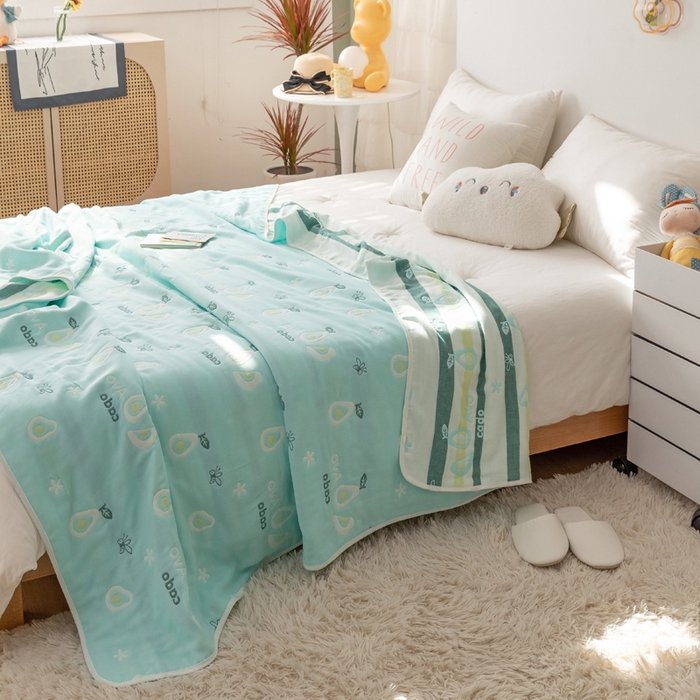 91家纺网 家纺一手货源 找家纺 朴尔家纺-毛巾被 2026新款卡通系全棉六层纱毛巾被 水果乐园-绿