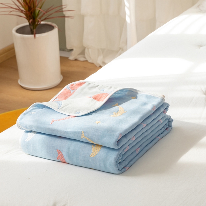 朴尔家纺-毛巾被 2026新款卡通系全棉六层纱毛巾被 鲸鱼乐园-蓝