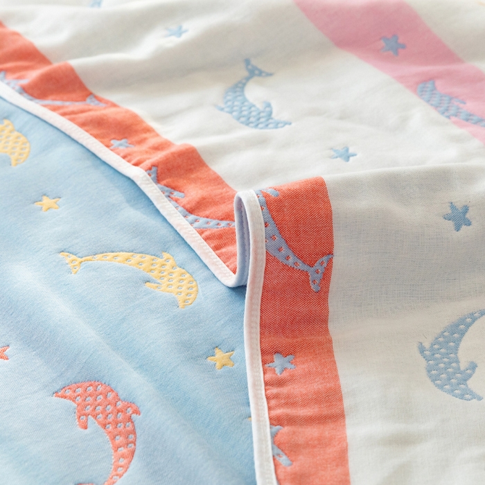 91家纺网 家纺一手货源 找家纺 朴尔家纺-毛巾被 2026新款卡通系全棉六层纱毛巾被 鲸鱼乐园-蓝