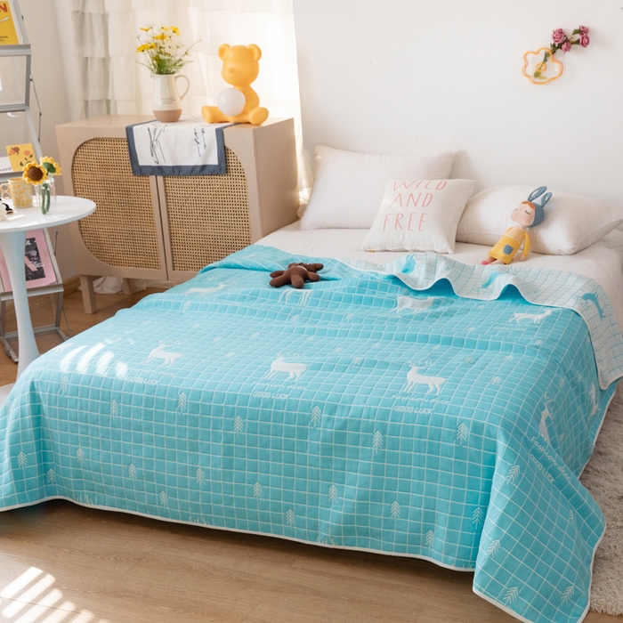 91家纺网 家纺一手货源 找家纺 朴尔家纺-毛巾被 2026新款卡通系全棉六层纱毛巾被 麋鹿森林-绿