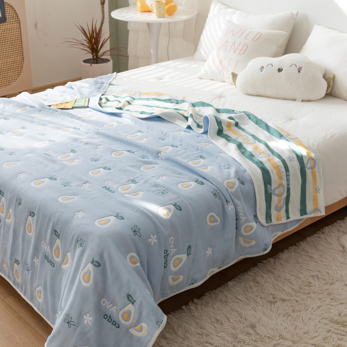 91家纺网 家纺一手货源 找家纺 朴尔家纺-毛巾被 2026新款卡通系全棉六层纱毛巾被 水果乐园-蓝