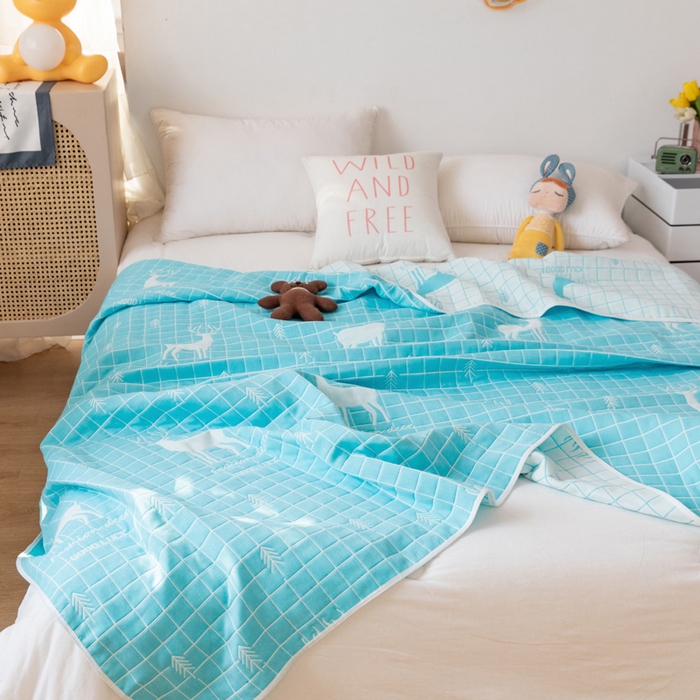 91家纺网 家纺一手货源 找家纺 朴尔家纺-毛巾被 2026新款卡通系全棉六层纱毛巾被 麋鹿森林-绿