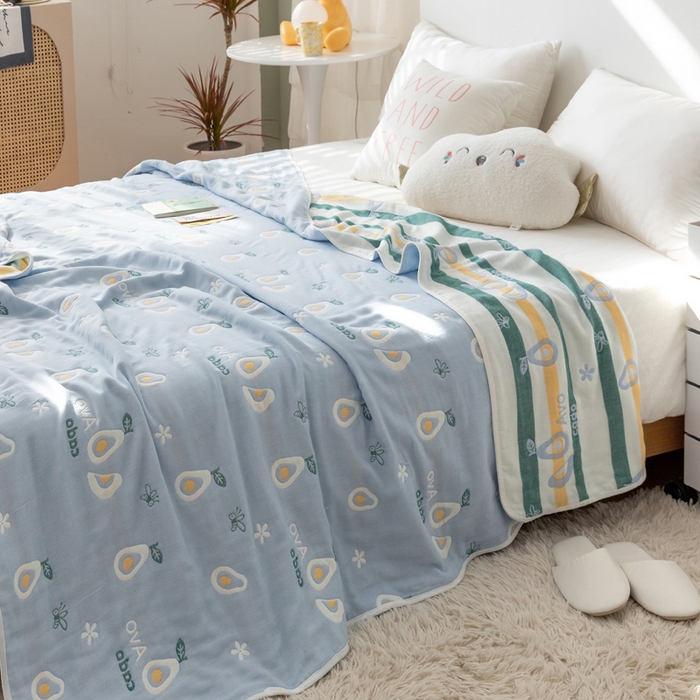 91家纺网 家纺一手货源 找家纺 朴尔家纺-毛巾被 2026新款卡通系全棉六层纱毛巾被 水果乐园-蓝