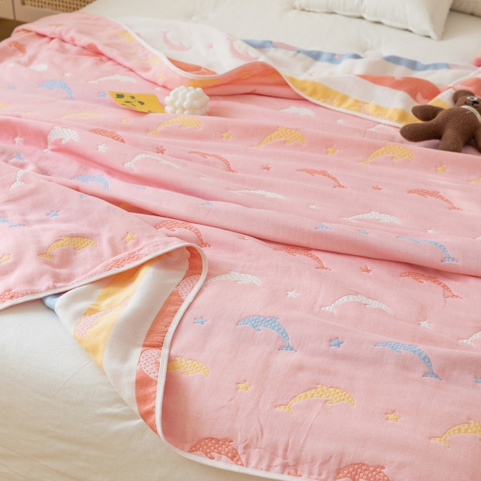 91家纺网 家纺一手货源 找家纺 朴尔家纺-毛巾被 2026新款卡通系全棉六层纱毛巾被 鲸鱼乐园-粉