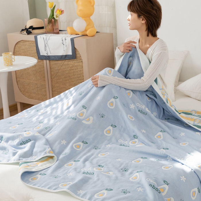 91家纺网 家纺一手货源 找家纺 朴尔家纺-毛巾被 2026新款卡通系全棉六层纱毛巾被 水果乐园-蓝