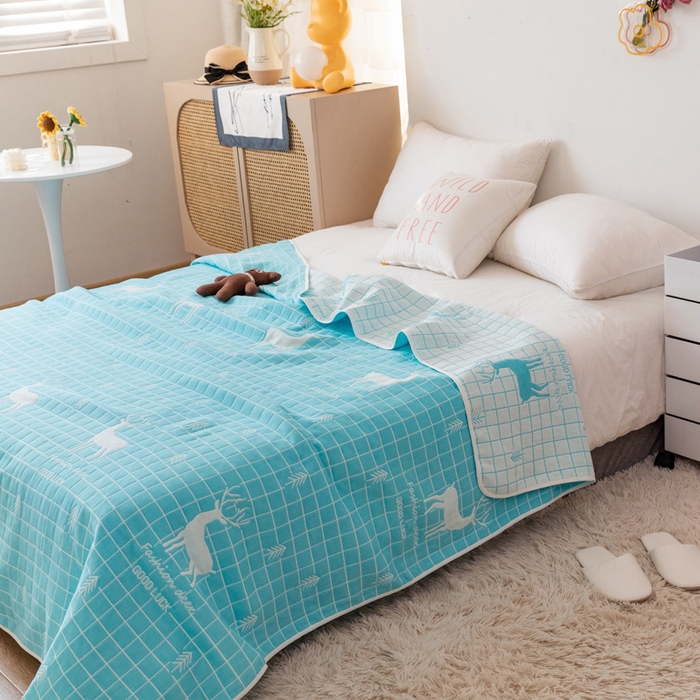 91家纺网 家纺一手货源 找家纺 朴尔家纺-毛巾被 2026新款卡通系全棉六层纱毛巾被 麋鹿森林-绿