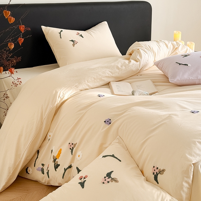 91家纺网 家纺一手货源 找家纺 Mr.pig猪先生水洗棉 2026新款全棉水洗棉毛巾绣四件套-花絮（展示价格为控价，实际价格请联系客服） 花絮-杏仁白