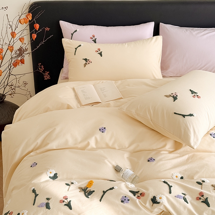 91家纺网 家纺一手货源 找家纺 Mr.pig猪先生水洗棉 2026新款全棉水洗棉毛巾绣四件套-花絮（展示价格为控价，实际价格请联系客服） 花絮-杏仁白