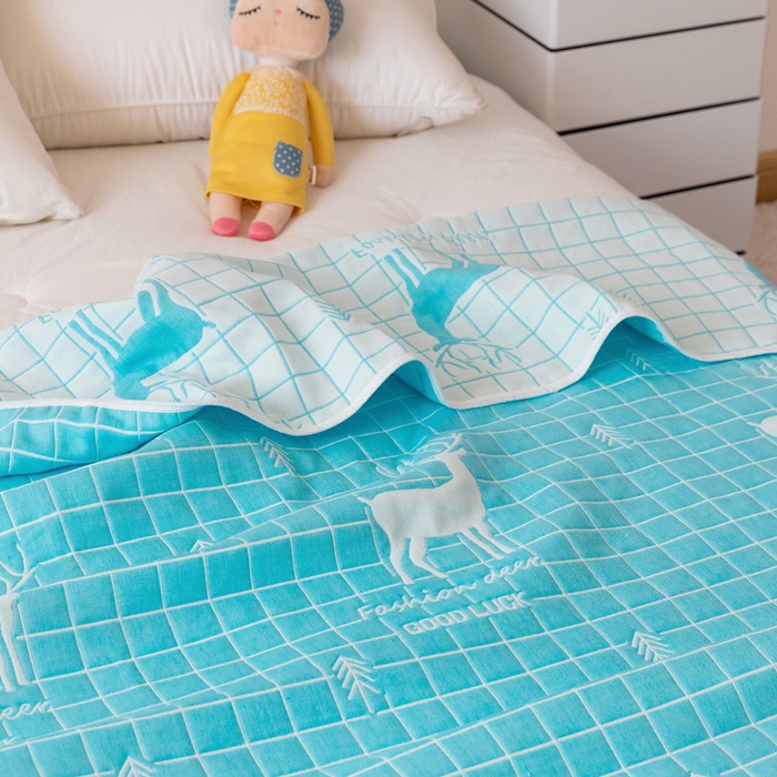 91家纺网 家纺一手货源 找家纺 朴尔家纺-毛巾被 2026新款卡通系全棉六层纱毛巾被 麋鹿森林-绿