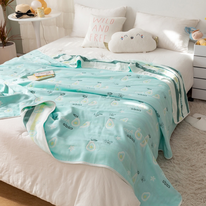 91家纺网 家纺一手货源 找家纺 朴尔家纺-毛巾被 2026新款卡通系全棉六层纱毛巾被 水果乐园-绿