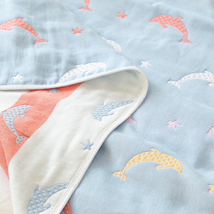 91家纺网 家纺一手货源 找家纺 朴尔家纺-毛巾被 2026新款卡通系全棉六层纱毛巾被 鲸鱼乐园-蓝