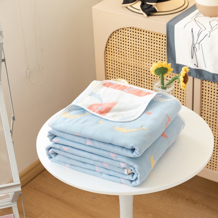 91家纺网 家纺一手货源 找家纺 朴尔家纺-毛巾被 2026新款卡通系全棉六层纱毛巾被 鲸鱼乐园-蓝