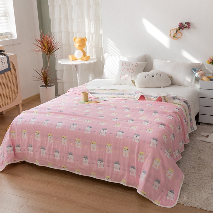 91家纺网 家纺一手货源 找家纺 朴尔家纺-毛巾被 2026新款卡通系全棉六层纱毛巾被 土拨鼠-粉