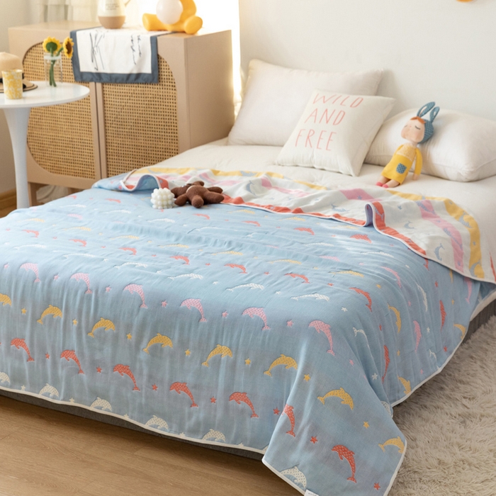 91家纺网 家纺一手货源 找家纺 朴尔家纺-毛巾被 2026新款卡通系全棉六层纱毛巾被 鲸鱼乐园-蓝