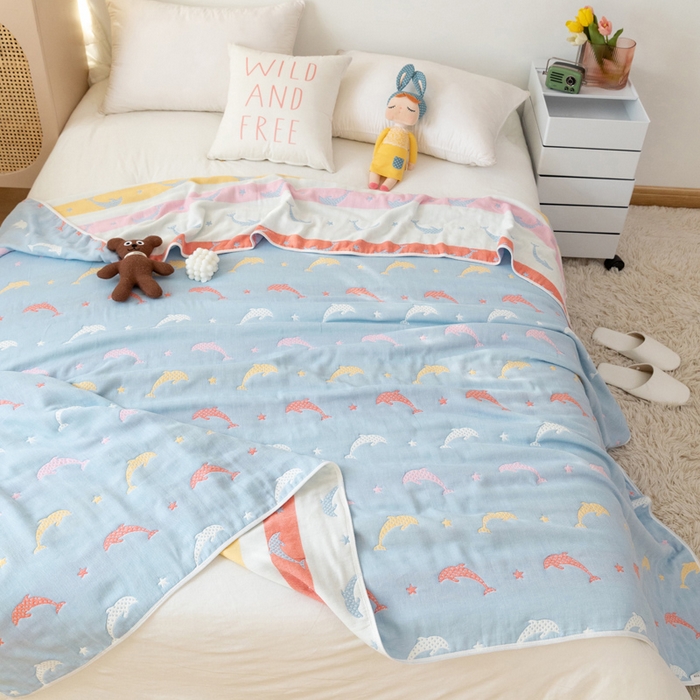 91家纺网 家纺一手货源 找家纺 朴尔家纺-毛巾被 2026新款卡通系全棉六层纱毛巾被 鲸鱼乐园-蓝