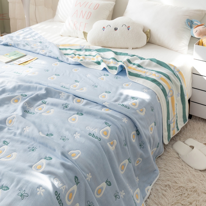 91家纺网 家纺一手货源 找家纺 朴尔家纺-毛巾被 2026新款卡通系全棉六层纱毛巾被 水果乐园-蓝