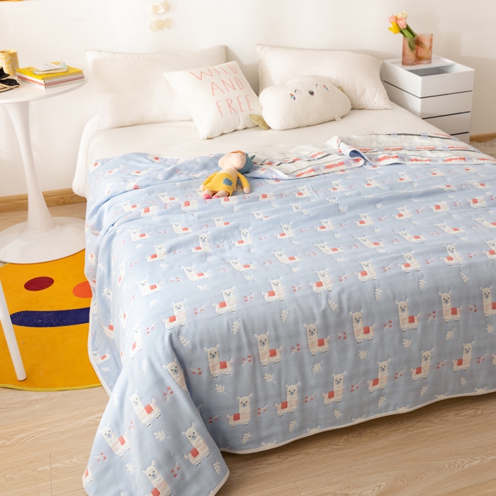 91家纺网 家纺一手货源 找家纺 朴尔家纺-毛巾被 2026新款卡通系全棉六层纱毛巾被 欢乐羊驼-兰