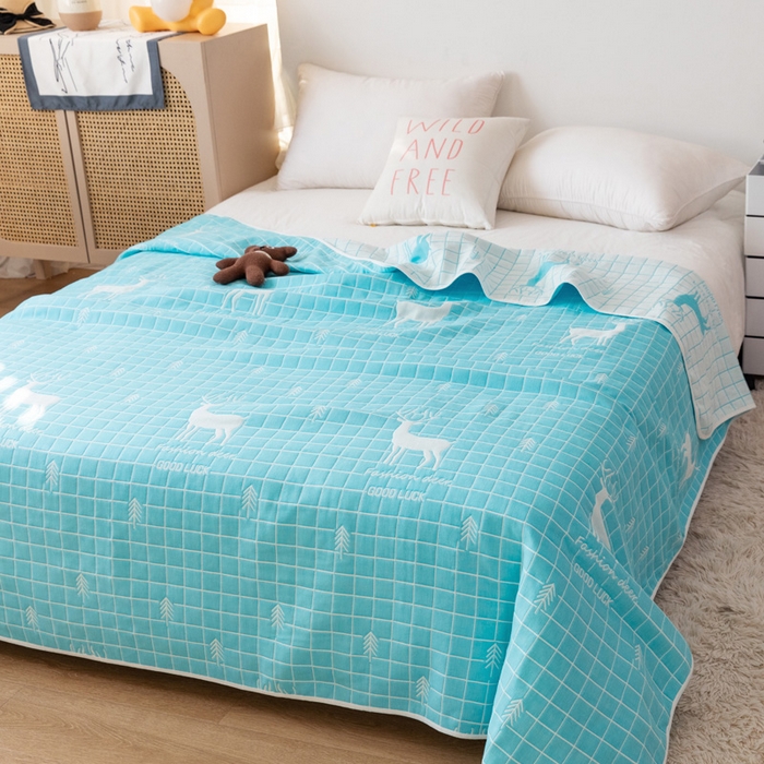 91家纺网 家纺一手货源 找家纺 朴尔家纺-毛巾被 2026新款卡通系全棉六层纱毛巾被 麋鹿森林-绿