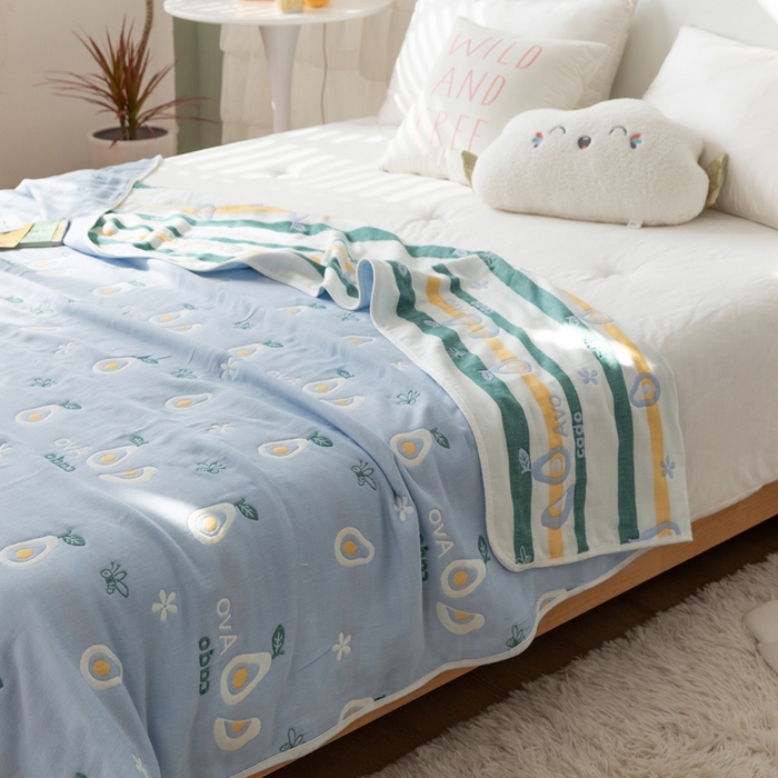 91家纺网 家纺一手货源 找家纺 朴尔家纺-毛巾被 2026新款卡通系全棉六层纱毛巾被 水果乐园-蓝