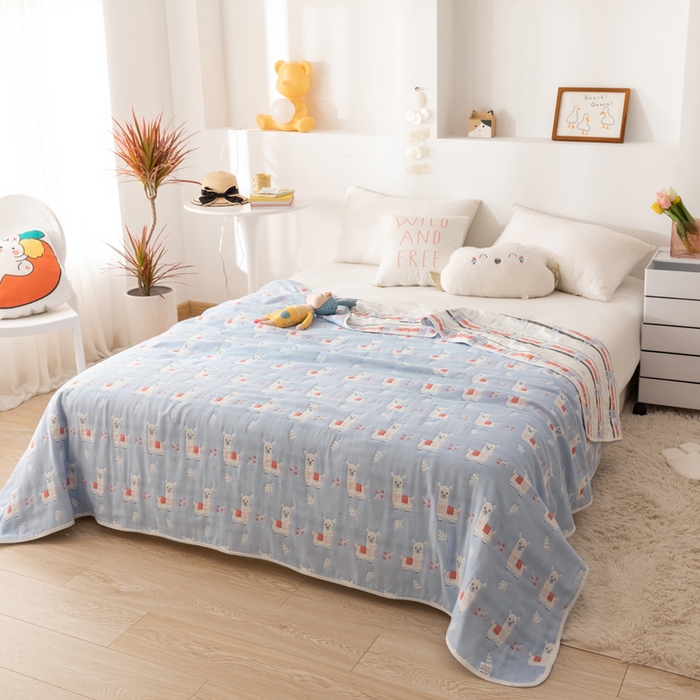 91家纺网 家纺一手货源 找家纺 朴尔家纺-毛巾被 2026新款卡通系全棉六层纱毛巾被 欢乐羊驼-兰