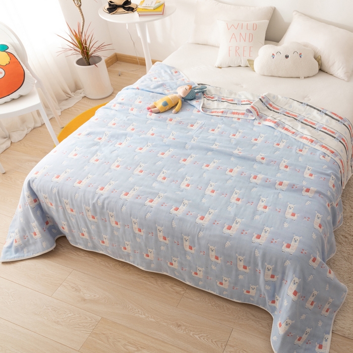 91家纺网 家纺一手货源 找家纺 朴尔家纺-毛巾被 2026新款卡通系全棉六层纱毛巾被 欢乐羊驼-兰