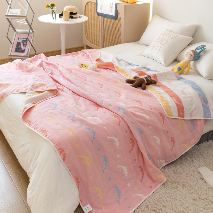 91家纺网 家纺一手货源 找家纺 朴尔家纺-毛巾被 2026新款卡通系全棉六层纱毛巾被 鲸鱼乐园-粉