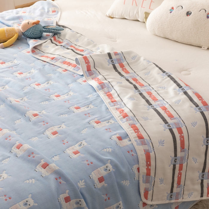 91家纺网 家纺一手货源 找家纺 朴尔家纺-毛巾被 2026新款卡通系全棉六层纱毛巾被 欢乐羊驼-兰