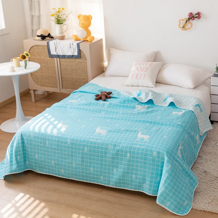 91家纺网 家纺一手货源 找家纺 朴尔家纺-毛巾被 2026新款卡通系全棉六层纱毛巾被 麋鹿森林-绿