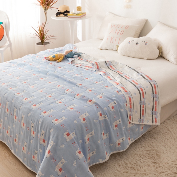 91家纺网 家纺一手货源 找家纺 朴尔家纺-毛巾被 2026新款卡通系全棉六层纱毛巾被 欢乐羊驼-兰