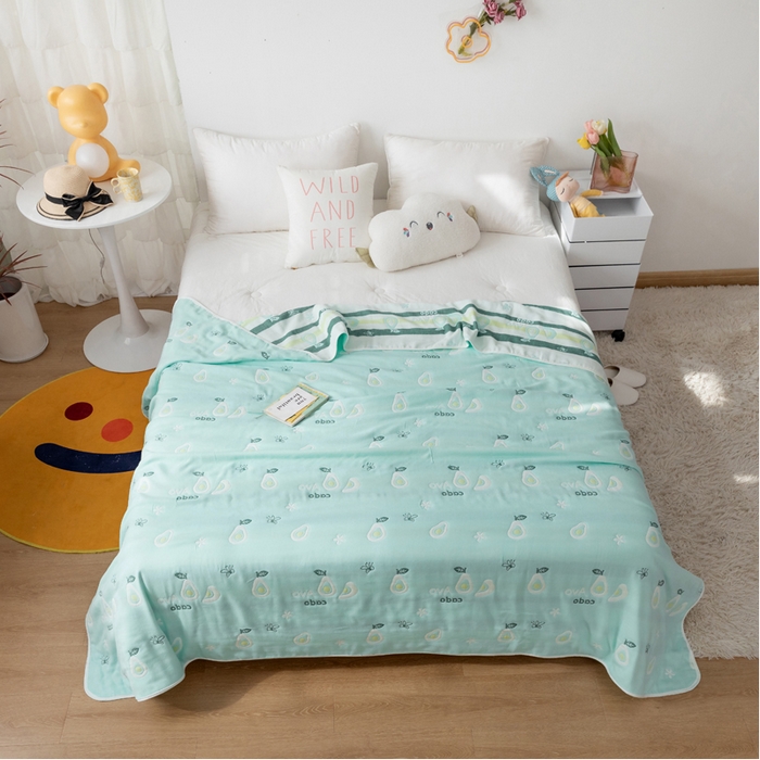 91家纺网 家纺一手货源 找家纺 朴尔家纺-毛巾被 2026新款卡通系全棉六层纱毛巾被 水果乐园-绿