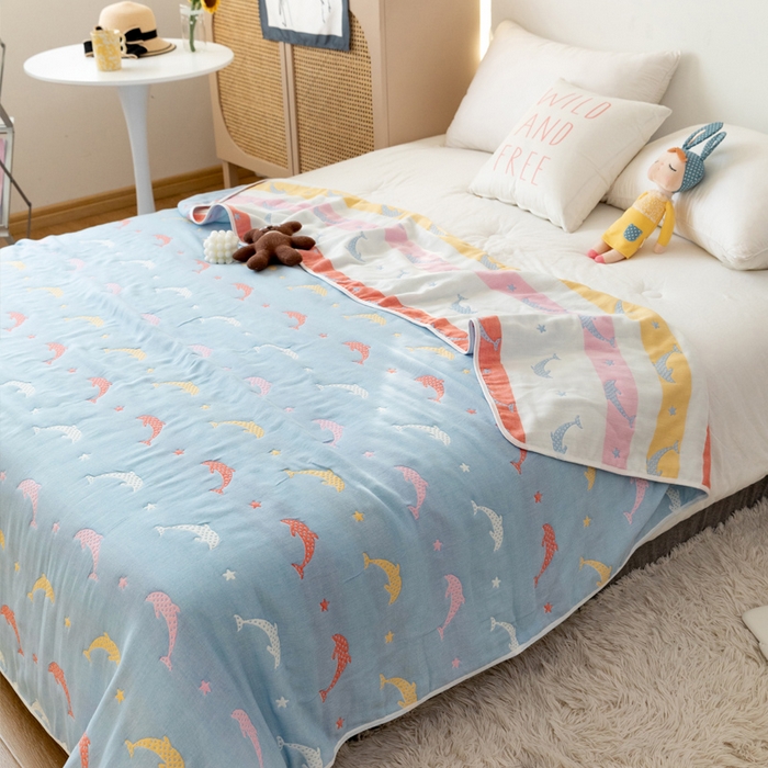 91家纺网 家纺一手货源 找家纺 朴尔家纺-毛巾被 2026新款卡通系全棉六层纱毛巾被 鲸鱼乐园-蓝