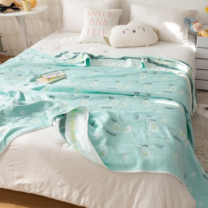 91家纺网 家纺一手货源 找家纺 朴尔家纺-毛巾被 2026新款卡通系全棉六层纱毛巾被 水果乐园-绿