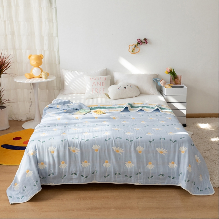 91家纺网 家纺一手货源 找家纺 朴尔家纺-毛巾被 2026新款卡通系全棉六层纱毛巾被 一米阳光-蓝