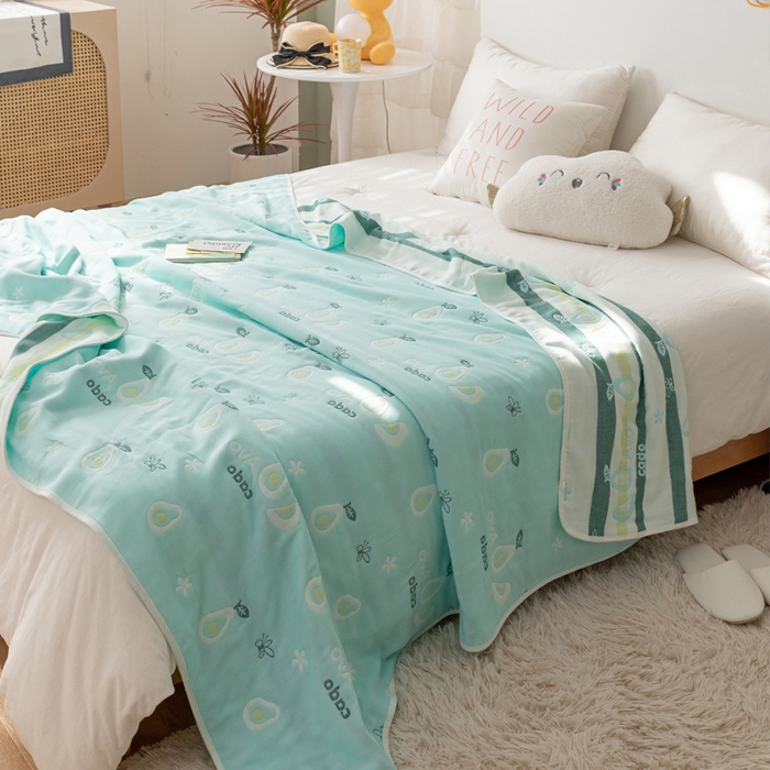 91家纺网 家纺一手货源 找家纺 朴尔家纺-毛巾被 2026新款卡通系全棉六层纱毛巾被 水果乐园-绿