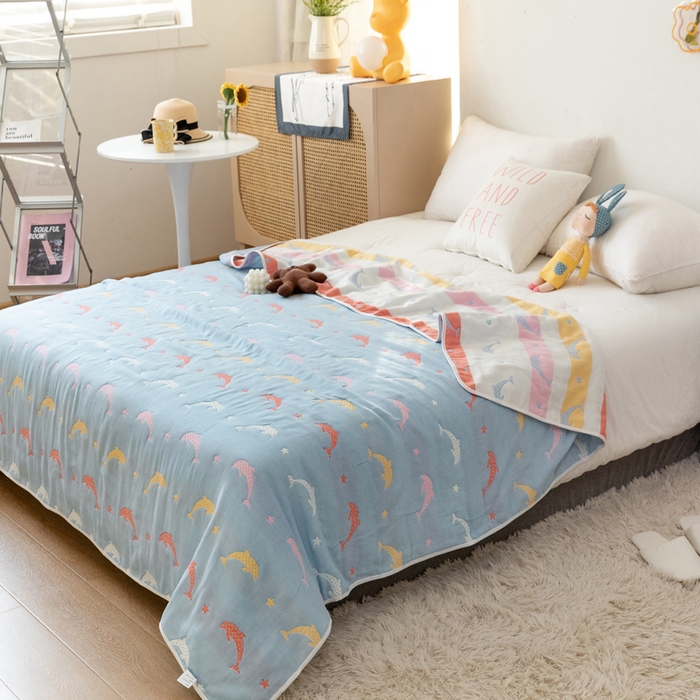 91家纺网 家纺一手货源 找家纺 朴尔家纺-毛巾被 2026新款卡通系全棉六层纱毛巾被 鲸鱼乐园-蓝