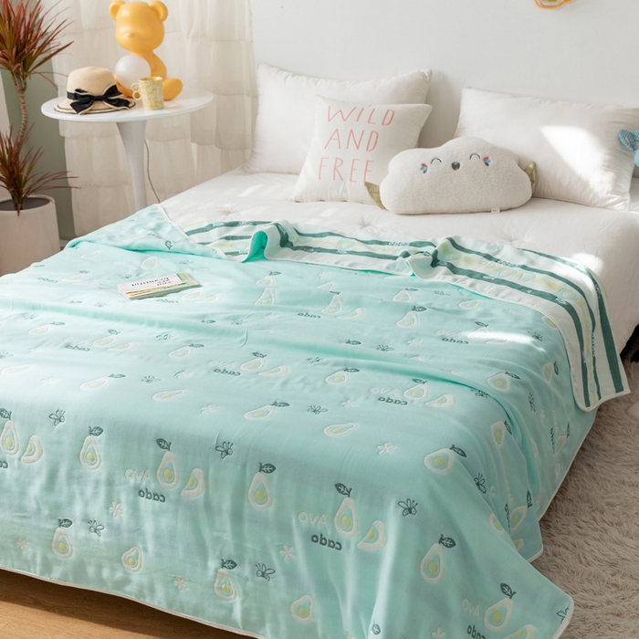 91家纺网 家纺一手货源 找家纺 朴尔家纺-毛巾被 2026新款卡通系全棉六层纱毛巾被 水果乐园-绿