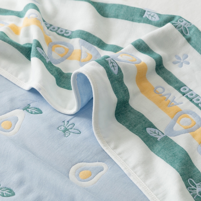 91家纺网 家纺一手货源 找家纺 朴尔家纺-毛巾被 2026新款卡通系全棉六层纱毛巾被 水果乐园-蓝