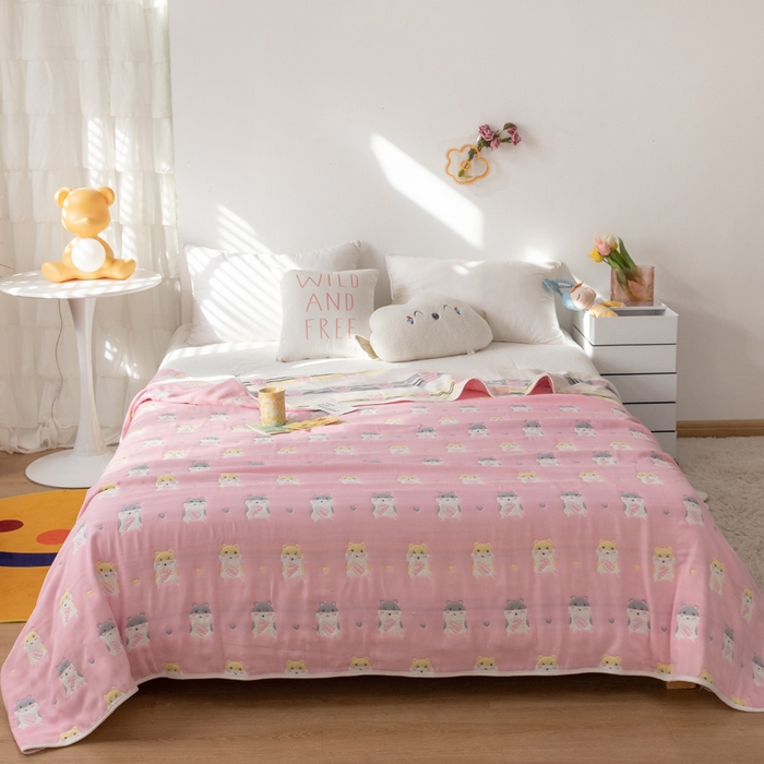 91家纺网 家纺一手货源 找家纺 朴尔家纺-毛巾被 2026新款卡通系全棉六层纱毛巾被 土拨鼠-粉