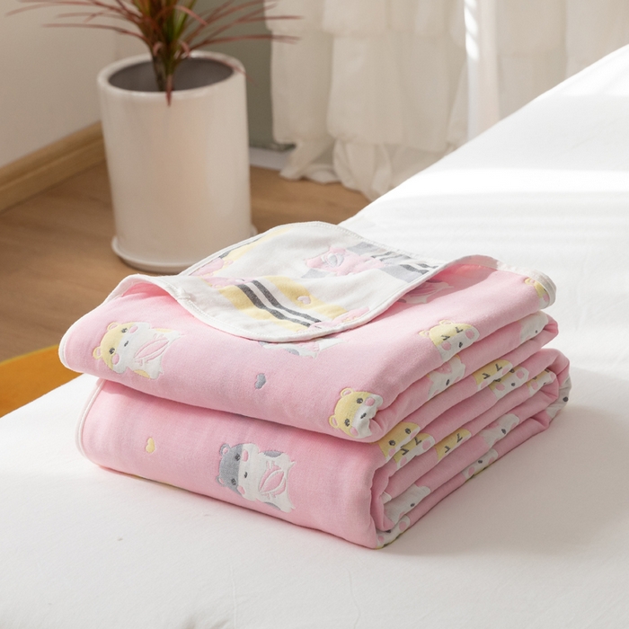 朴尔家纺-毛巾被 2026新款卡通系全棉六层纱毛巾被 土拨鼠-粉