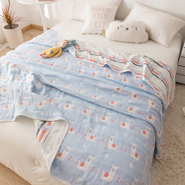 91家纺网 家纺一手货源 找家纺 朴尔家纺-毛巾被 2026新款卡通系全棉六层纱毛巾被 欢乐羊驼-兰