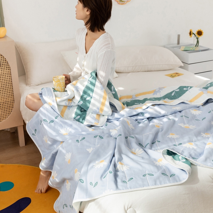 91家纺网 家纺一手货源 找家纺 朴尔家纺-毛巾被 2026新款卡通系全棉六层纱毛巾被 一米阳光-蓝