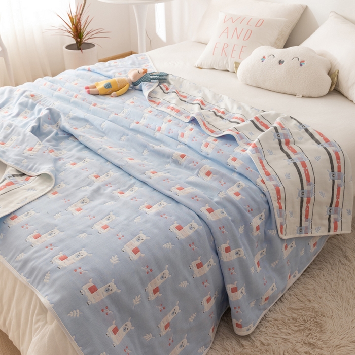 91家纺网 家纺一手货源 找家纺 朴尔家纺-毛巾被 2026新款卡通系全棉六层纱毛巾被 欢乐羊驼-兰